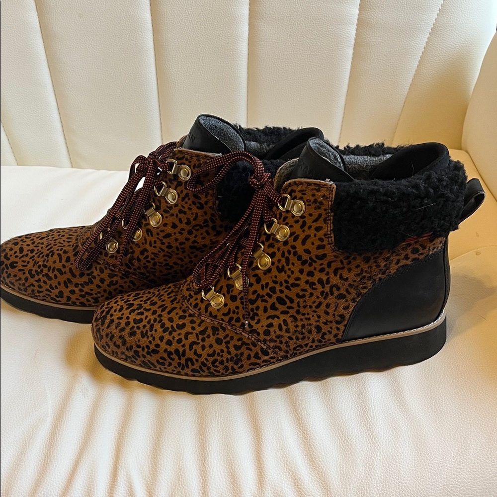 Cole Haan Leopard Print Lace Up Boots with Black and Gold Accents - Picture 3 of 4
